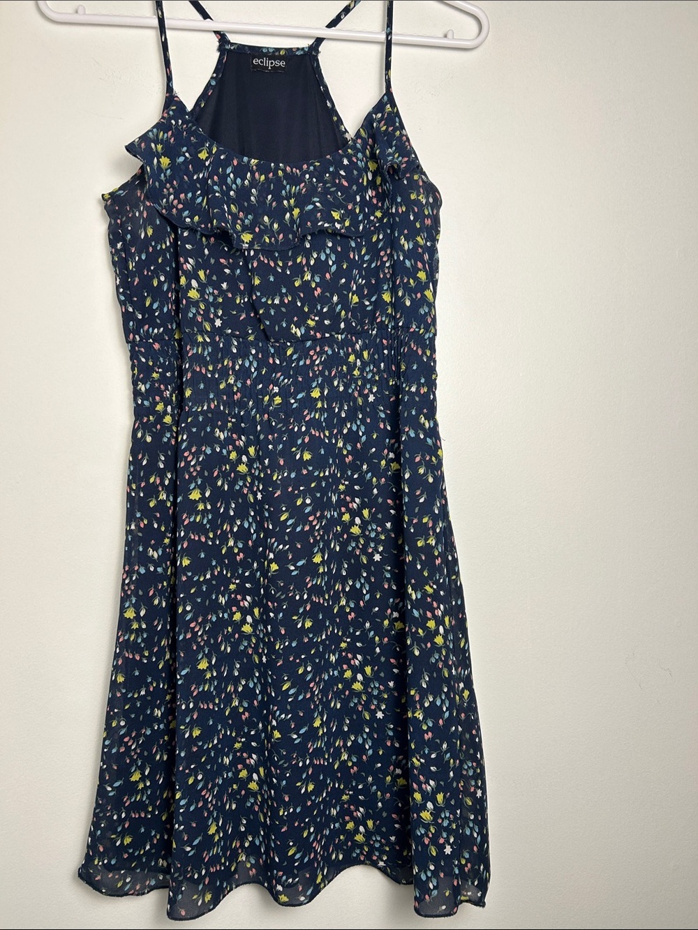 Eclipse Navy Floral Cold Shoulder Ruffle Dress XS Spaghetti Strap Summer Boho